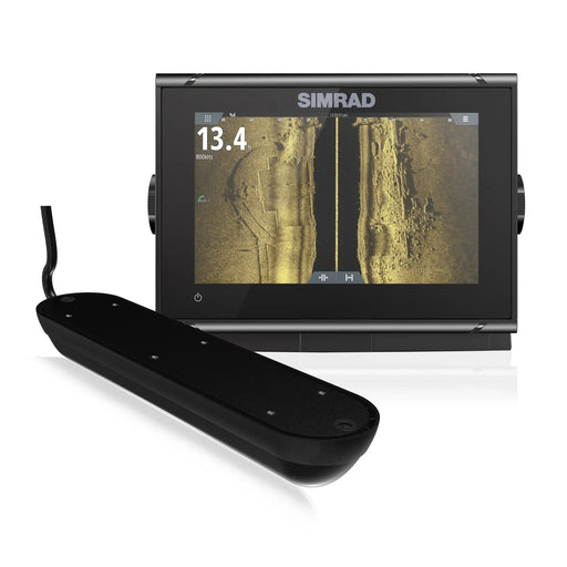 Simrad GO7 XSR med Active Imaging 3-i-1-givare (000-14839-001) – display med StructureScan-sidobild av botten på skärmen, tillsammans med givaren som ingår