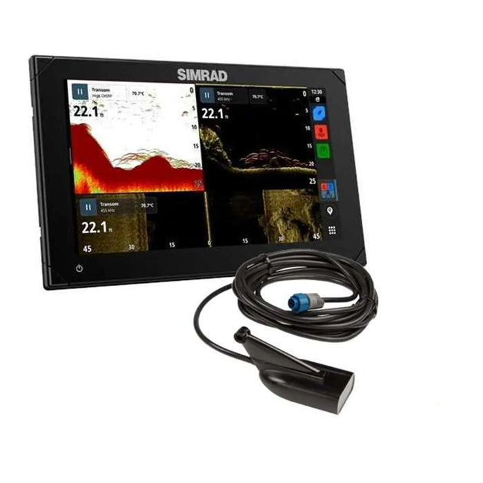 Simrad NSX 3009 med HDI-givare (000-15375-001) – display med ekolod och DownScan på skärmen, tillsammans med givaren som ingår