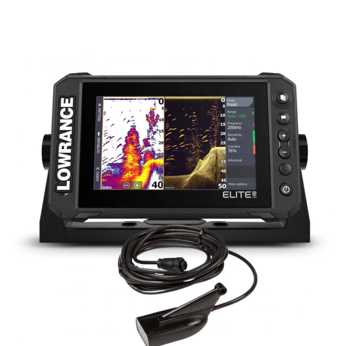 Lowrance Elite FS 7 med HDI-ekolodsgivare (000-15697-001) – display med ekolod och DownScan på skärmen, tillsammans med givaren som ingår