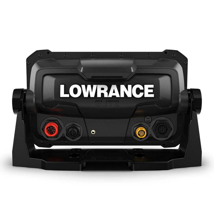 Lowrance Elite FS 7 med HDI-ekolodsgivare (000-15697-001) – displayens baksida med anslutningar för ström och givare samt monteringsbygel