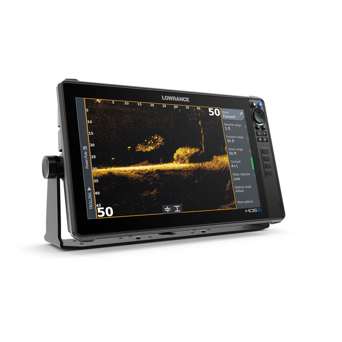 Lowrance HDS PRO 16 med ActiveTarget 2 XL i Forward-läge – live-sonarbild som visar fisk och struktur framför båten i realtid. Displayen sedd snett från höger. ActiveTarget 2 XL säljs separat.