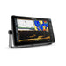 Lowrance HDS PRO 16 med ActiveTarget 2 XL i Down-läge – live-sonarbild rakt under båten som visar fisk och botten i realtid, delad skärm med CHIRP-ekolod och sjökort. Displayen sedd snett från höger. ActiveTarget 2 XL säljs separat.