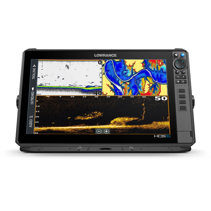 Lowrance HDS PRO 16 med ActiveTarget 2 XL i Forward-läge – live-sonarbild som visar fisk och struktur framför båten i realtid, delad skärm med CHIRP-ekolod och sjökort. Displayen sedd rakt framifrån. ActiveTarget 2 XL säljs separat.