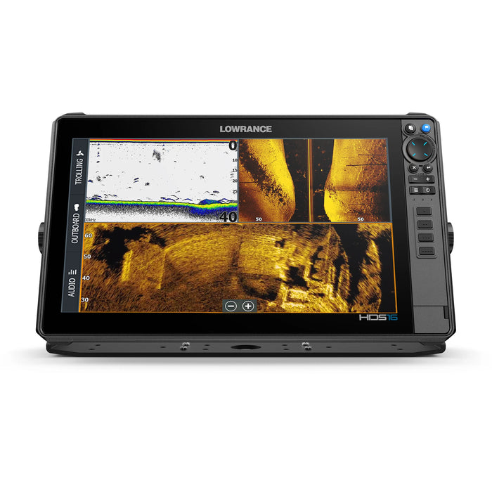 Lowrance HDS PRO 16 med ActiveTarget 2 XL i Scout-läge – översikt ovanifrån som visar fisk och struktur runt båten, delad skärm med CHIRP-ekolod och SideScan. Displayen sedd rakt framifrån. ActiveTarget 2 XL säljs separat.