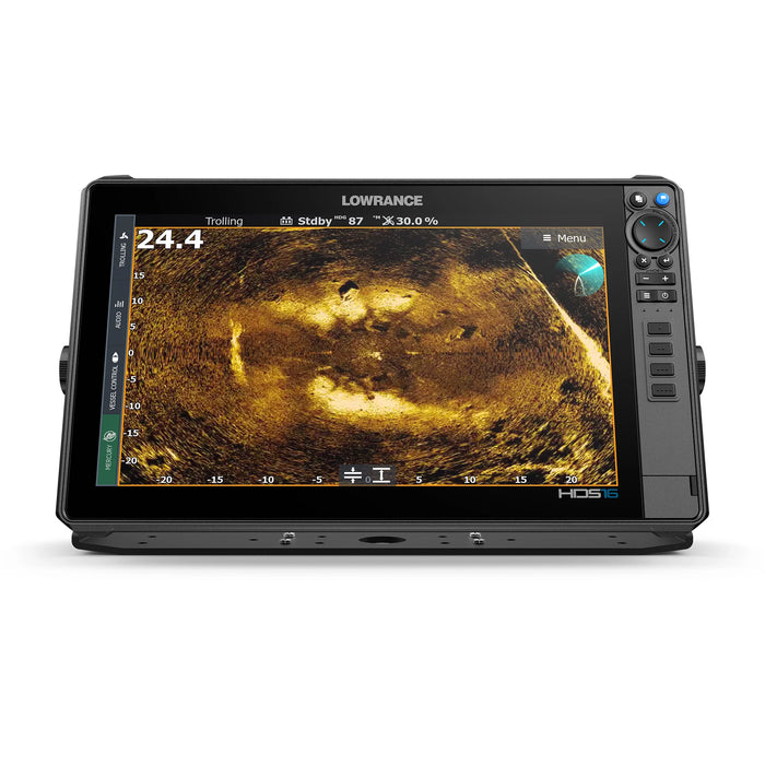 Lowrance HDS PRO 16 med ActiveTarget 2 XL i Scout Live 360-läge – rundvy 360° runt båten i realtid. Displayen sedd rakt framifrån. ActiveTarget 2 XL säljs separat.
