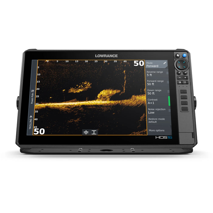 Lowrance HDS PRO 16 med ActiveTarget 2 XL i Forward-läge – live-sonarbild som visar fisk och struktur framför båten i realtid. Displayen sedd rakt framifrån. ActiveTarget 2 XL säljs separat.