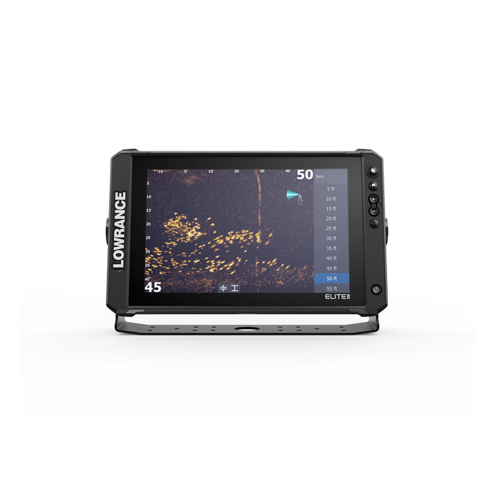 Lowrance Elite FS 12 med ActiveTarget 2 XL i Forward-läge – live-sonarbild som visar fisk och struktur framför båten i realtid. Displayen sedd rakt framifrån. ActiveTarget 2 XL säljs separat.