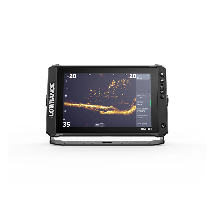 Lowrance Elite FS 12 med ActiveTarget 2 XL i Down-läge – live-sonarbild rakt under båten som visar fisk och botten i realtid. Displayen sedd rakt framifrån. ActiveTarget 2 XL säljs separat.