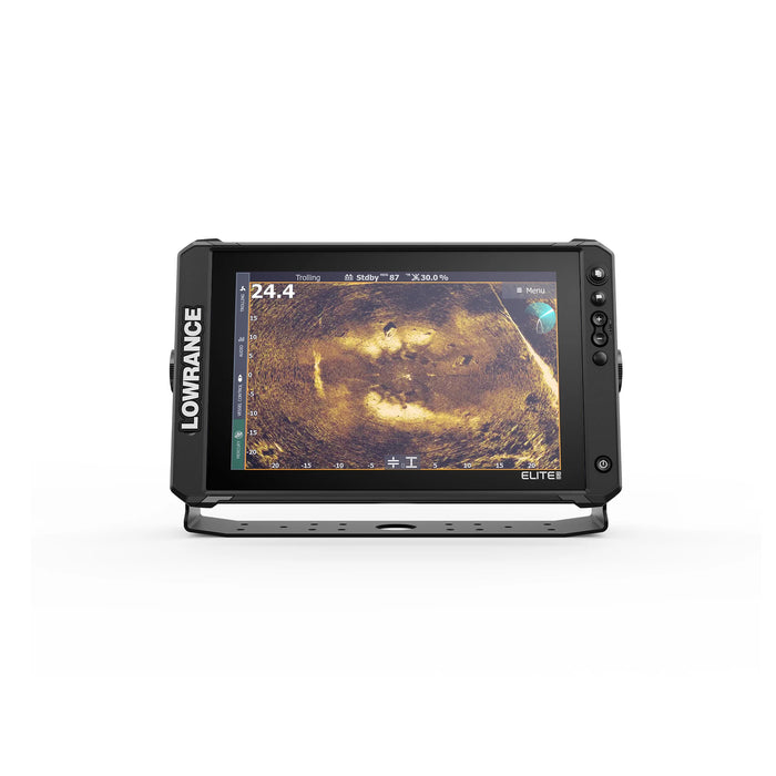 Lowrance Elite FS 12 med ActiveTarget 2 XL i Scout-läge – översikt ovanifrån som visar fisk och struktur runt båten. Displayen sedd rakt framifrån. ActiveTarget 2 XL säljs separat.