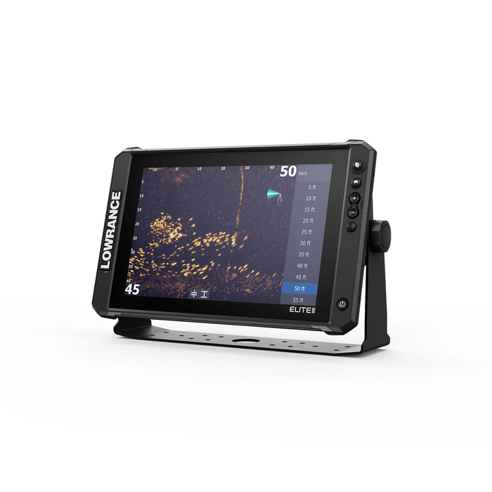 Lowrance Elite FS 12 med ActiveTarget 2 XL i Forward-läge – live-sonarbild som visar fisk och struktur framför båten i realtid. Displayen sedd snett från vänster. ActiveTarget 2 XL säljs separat.