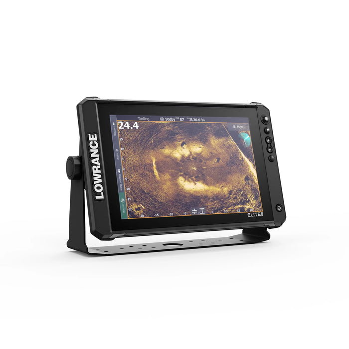 Lowrance Elite FS 12 med ActiveTarget 2 XL i Scout-läge – översikt ovanifrån som visar fisk och struktur runt båten. Displayen sedd snett från höger. ActiveTarget 2 XL säljs separat.