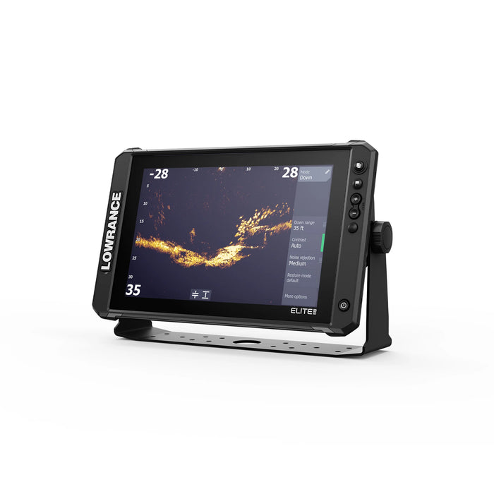 Lowrance Elite FS 12 med ActiveTarget 2 XL i Down-läge – live-sonarbild rakt under båten som visar fisk och botten i realtid. Displayen sedd snett från vänster. ActiveTarget 2 XL säljs separat.