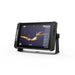 Lowrance Elite FS 12 med ActiveTarget 2 XL i Down-läge – live-sonarbild rakt under båten som visar fisk och botten i realtid. Displayen sedd snett från vänster. ActiveTarget 2 XL säljs separat.