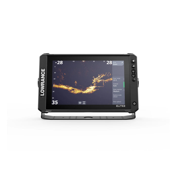 Lowrance Elite FS 12 med ActiveTarget 2 XL i Down-läge – live-sonarbild rakt under båten som visar fisk och botten i realtid. Displayen sedd rakt framifrån. ActiveTarget 2 XL säljs separat.