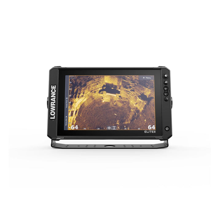 Lowrance Elite FS 12 med ActiveTarget 2 XL i Scout-läge – översikt ovanifrån som visar fisk och struktur runt båten. Displayen sedd rakt framifrån. ActiveTarget 2 XL säljs separat.