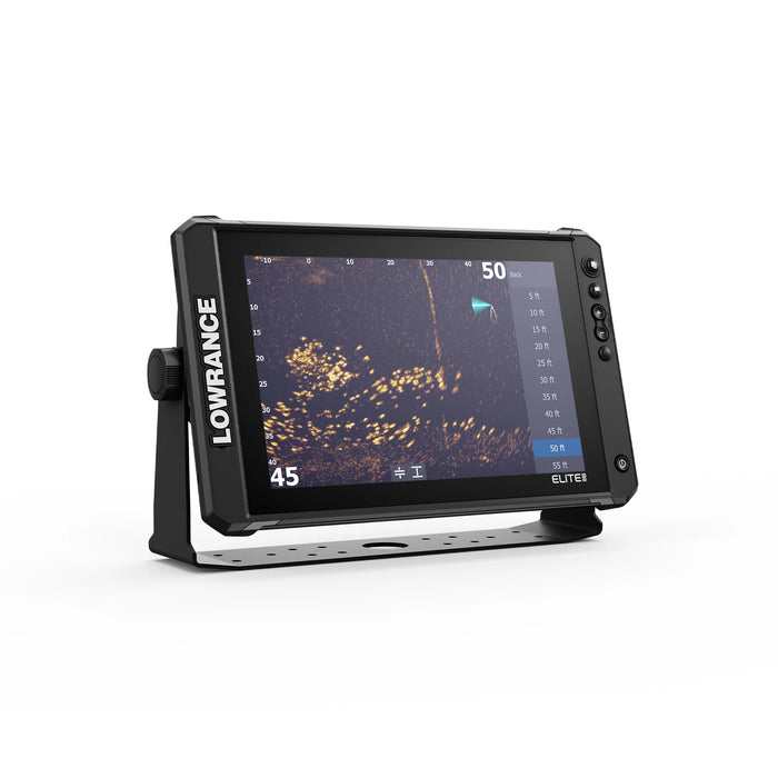 Lowrance Elite FS 12 med ActiveTarget 2 XL i Forward-läge – live-sonarbild som visar fisk och struktur framför båten i realtid. Displayen sedd snett från höger. ActiveTarget 2 XL säljs separat.