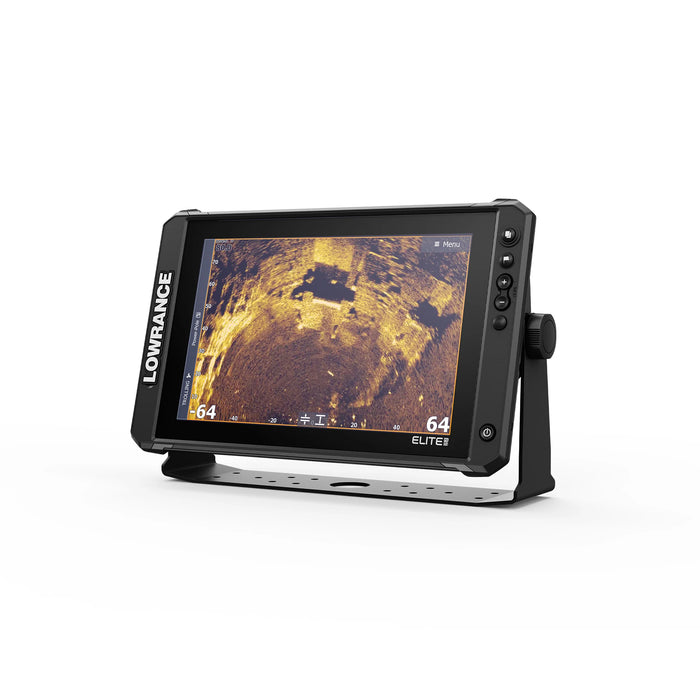 Lowrance Elite FS 12 med ActiveTarget 2 XL i Scout-läge – översikt ovanifrån som visar fisk och struktur runt båten. Displayen sedd snett från vänster. ActiveTarget 2 XL säljs separat.