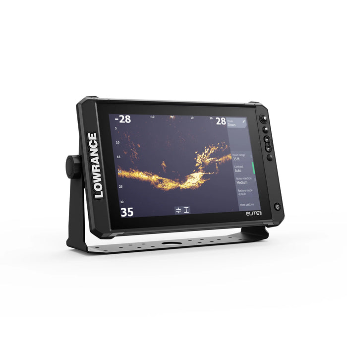 Lowrance Elite FS 12 med ActiveTarget 2 XL i Down-läge – live-sonarbild rakt under båten som visar fisk och botten i realtid. Displayen sedd snett från höger. ActiveTarget 2 XL säljs separat.