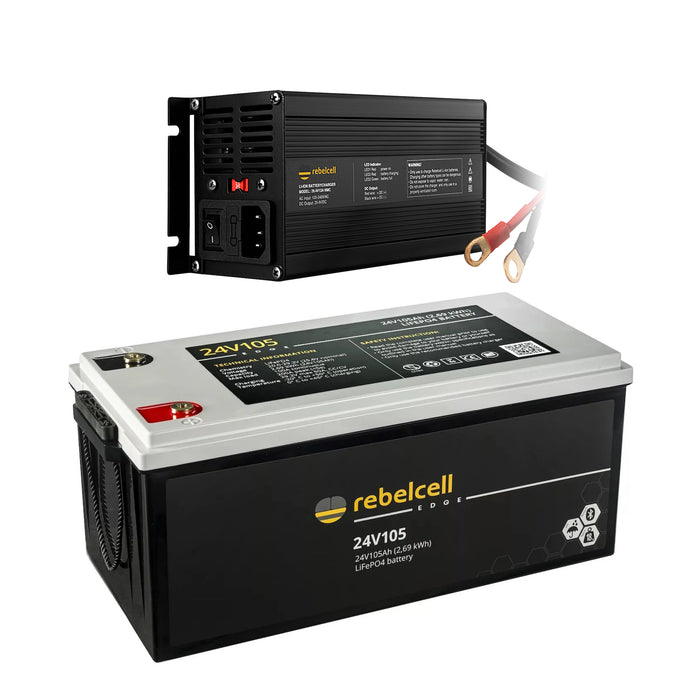 Rebelcell 24V105 EDGE LiFePO4 Batteri + Rebelcell 29.4V12A NMC Charger Paketdeal