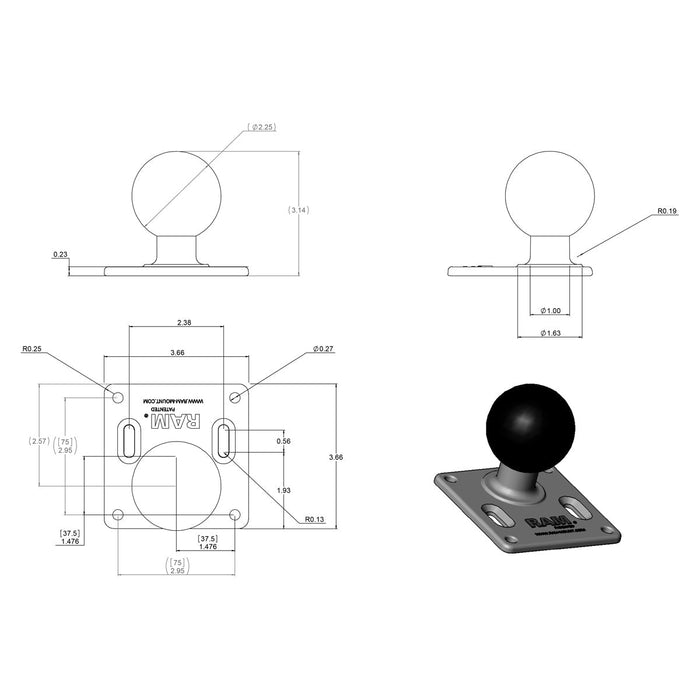 RAM Mounts VESA-platta 75x75mm med Kula (D-kula)