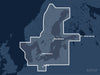 Täckningskarta för sjökortet C-MAP 4D Baltic Sea and Denmark (M-EN-D299-MS): det vita markerade området visar vilka vatten kortet omfattar, bland annat kring St. Petersburg, Berlin och Stockholm.