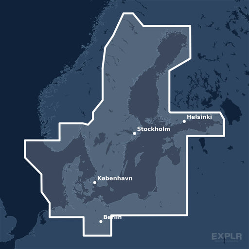 Kvadratisk översiktskarta över täckningsområdet för C-MAP 4D Baltic Sea and Denmark (M-EN-D299-MS) med orter som St. Petersburg, Berlin och Stockholm utmärkta.