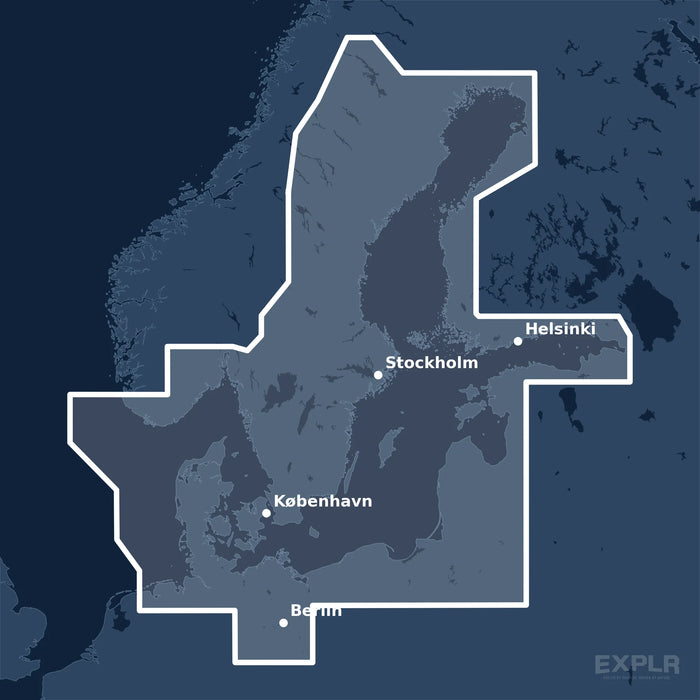 Kvadratisk översiktskarta över täckningsområdet för C-MAP 4D Baltic Sea and Denmark (M-EN-D299-MS) med orter som St. Petersburg, Berlin och Stockholm utmärkta.