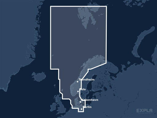 Täckningskarta för sjökortet C-MAP 4D North Sea and Denmark (M-EN-D300-MS): det vita markerade området visar vilka vatten kortet omfattar, bland annat kring Berlin, København och Oslo.