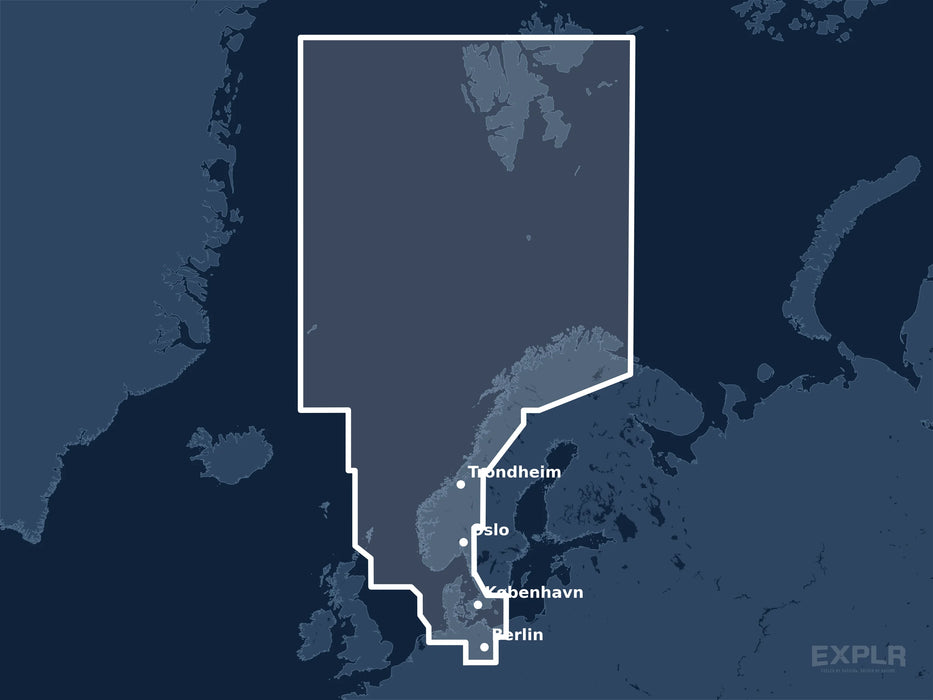 Täckningskarta för sjökortet C-MAP 4D North Sea and Denmark (M-EN-D300-MS): det vita markerade området visar vilka vatten kortet omfattar, bland annat kring Berlin, København och Oslo.