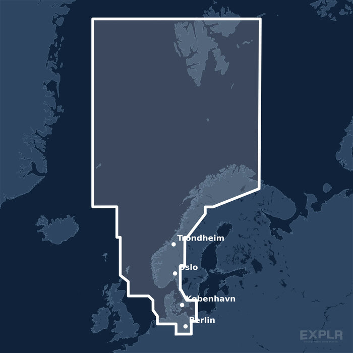 Kvadratisk översiktskarta över täckningsområdet för C-MAP 4D North Sea and Denmark (M-EN-D300-MS) med orter som Berlin, København och Oslo utmärkta.
