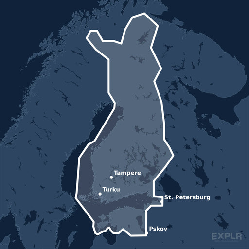 Kvadratisk översiktskarta över täckningsområdet för C-MAP 4D Finland Lakes Wide (M-EN-D326-MS) med orter som St. Petersburg, Tampere och Pskov utmärkta.