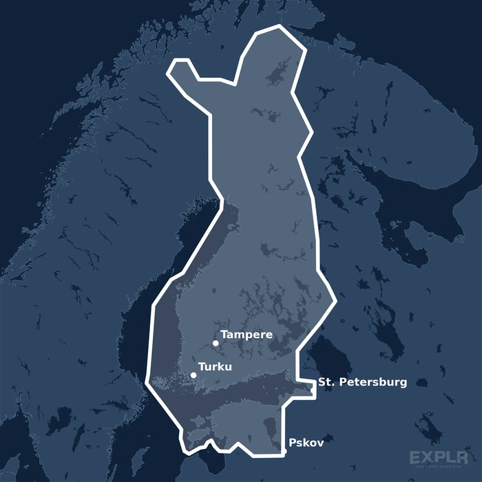 Kvadratisk översiktskarta över täckningsområdet för C-MAP 4D Finland Lakes Wide (M-EN-D326-MS) med orter som St. Petersburg, Tampere och Pskov utmärkta.