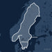Kvadratisk översiktskarta över täckningsområdet för C-MAP 4D Scandinavia Inland Waters (M-EN-D590-MS) med orter som Stockholm, Oslo och Göteborg utmärkta.