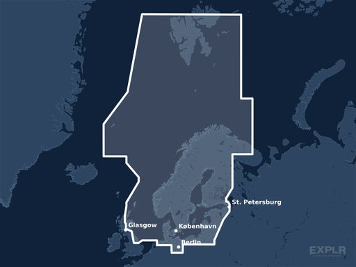 Täckningskarta för sjökortet C-MAP MAX North and Baltic Seas (M-EN-M019-MS): det vita markerade området visar vilka vatten kortet omfattar, bland annat kring St. Petersburg, Berlin och Glasgow.