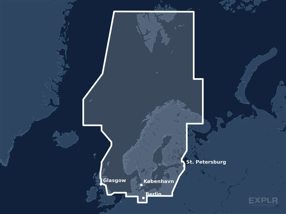 Täckningskarta för sjökortet C-MAP MAX North and Baltic Seas (M-EN-M019-MS): det vita markerade området visar vilka vatten kortet omfattar, bland annat kring St. Petersburg, Berlin och Glasgow.