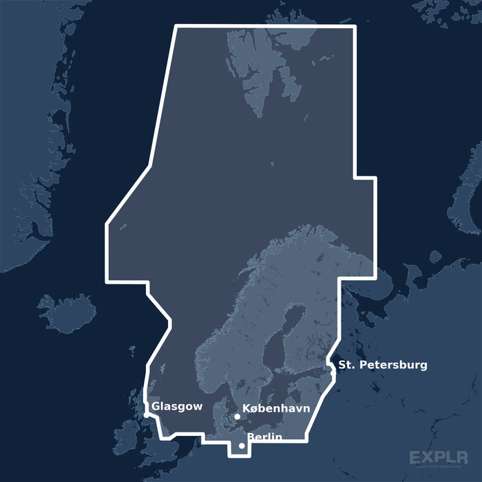 Kvadratisk översiktskarta över täckningsområdet för C-MAP MAX North and Baltic Seas (M-EN-M019-MS) med orter som St. Petersburg, Berlin och Glasgow utmärkta.