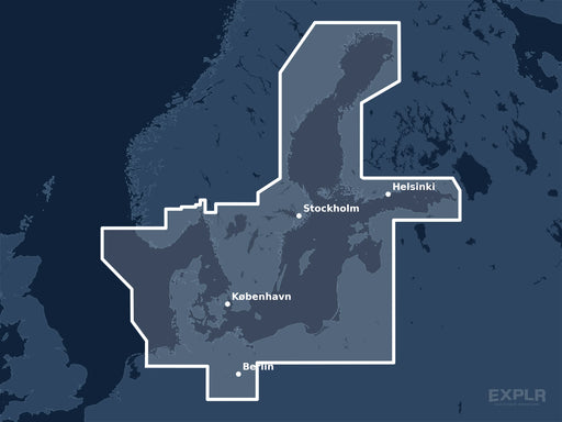 Täckningskarta för sjökortet C-MAP MAX Baltic Sea and Denmark (M-EN-M299-MS): det vita markerade området visar vilka vatten kortet omfattar, bland annat kring Berlin, Stockholm och Helsinki.
