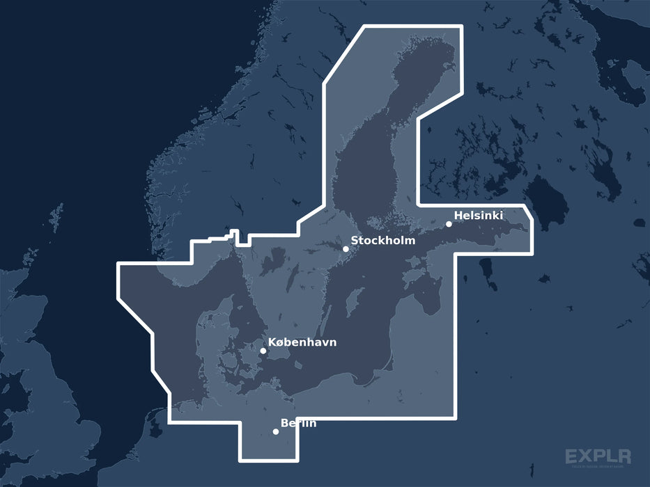 Täckningskarta för sjökortet C-MAP MAX Baltic Sea and Denmark (M-EN-M299-MS): det vita markerade området visar vilka vatten kortet omfattar, bland annat kring Berlin, Stockholm och Helsinki.