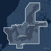 Kvadratisk översiktskarta över täckningsområdet för C-MAP MAX Baltic Sea and Denmark (M-EN-M299-MS) med orter som Berlin, Stockholm och Helsinki utmärkta.