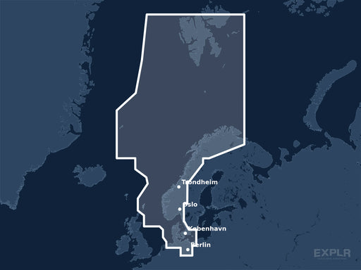 Täckningskarta för sjökortet C-MAP MAX North Sea and Denmark (M-EN-M300-MS): det vita markerade området visar vilka vatten kortet omfattar, bland annat kring Berlin, København och Oslo.