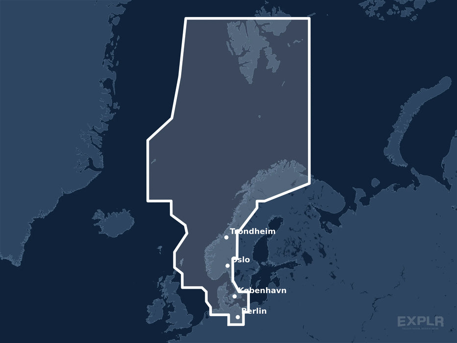 Täckningskarta för sjökortet C-MAP MAX North Sea and Denmark (M-EN-M300-MS): det vita markerade området visar vilka vatten kortet omfattar, bland annat kring Berlin, København och Oslo.
