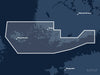 Täckningskarta för sjökortet C-MAP MAX Gulf of Finland West (M-EN-M309-MS): det vita markerade området visar vilka vatten kortet omfattar, bland annat kring Turku, Mariehamn och Hämeenlinna.