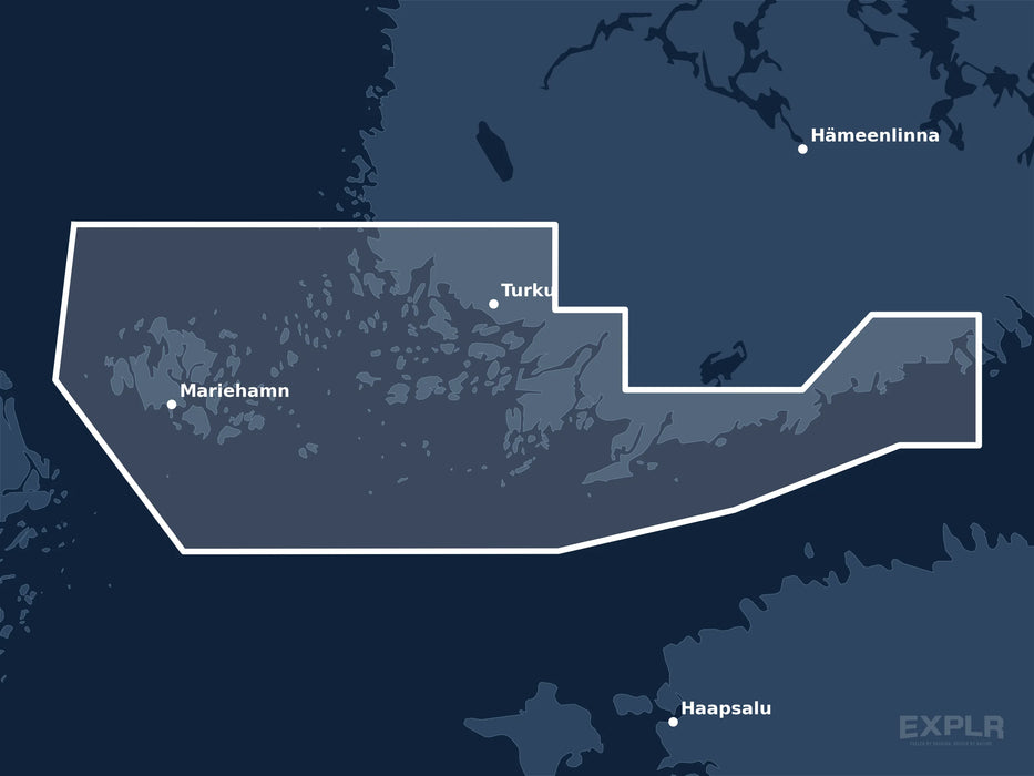 Täckningskarta för sjökortet C-MAP MAX Gulf of Finland West (M-EN-M309-MS): det vita markerade området visar vilka vatten kortet omfattar, bland annat kring Turku, Mariehamn och Hämeenlinna.
