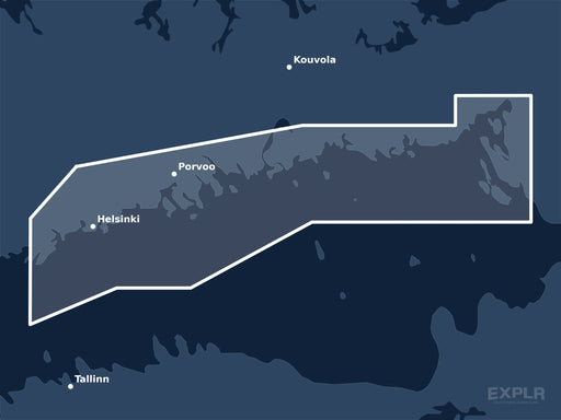 Täckningskarta för sjökortet C-MAP MAX Gulf of Finland Central (M-EN-M310-MS): det vita markerade området visar vilka vatten kortet omfattar, bland annat kring Helsinki, Kouvola och Porvoo.