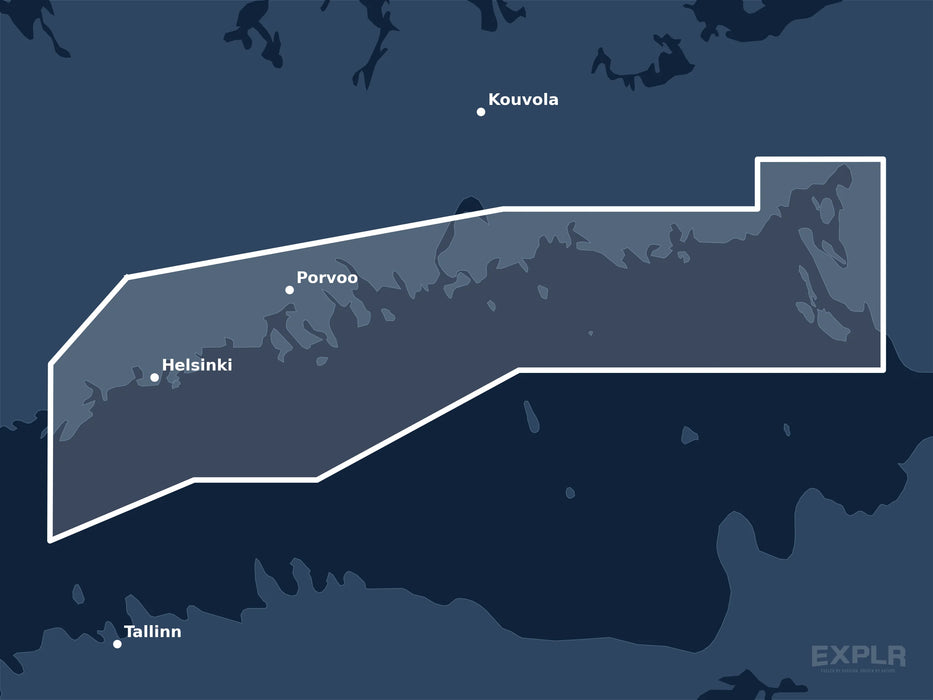 Täckningskarta för sjökortet C-MAP MAX Gulf of Finland Central (M-EN-M310-MS): det vita markerade området visar vilka vatten kortet omfattar, bland annat kring Helsinki, Kouvola och Porvoo.