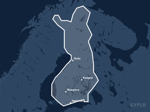 Täckningskarta för sjökortet C-MAP MAX Finland Lakes (M-EN-M326-MS): det vita markerade området visar vilka vatten kortet omfattar, bland annat kring Helsinki, Tampere och Oulu.