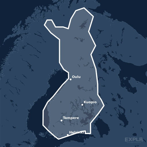 Kvadratisk översiktskarta över täckningsområdet för C-MAP MAX Finland Lakes (M-EN-M326-MS) med orter som Helsinki, Tampere och Oulu utmärkta.