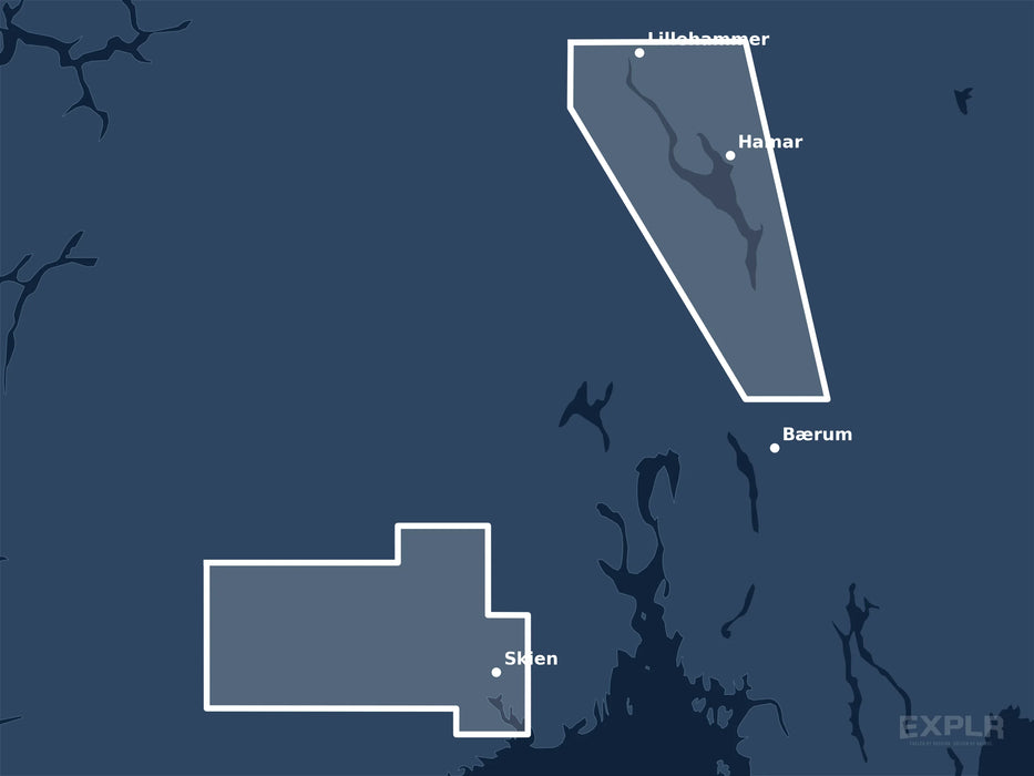 Täckningskarta för sjökortet C-MAP MAX Norwegian Inland Waters (M-EN-M586-MS): det vita markerade området visar vilka vatten kortet omfattar, bland annat kring Bærum, Skien och Hamar.