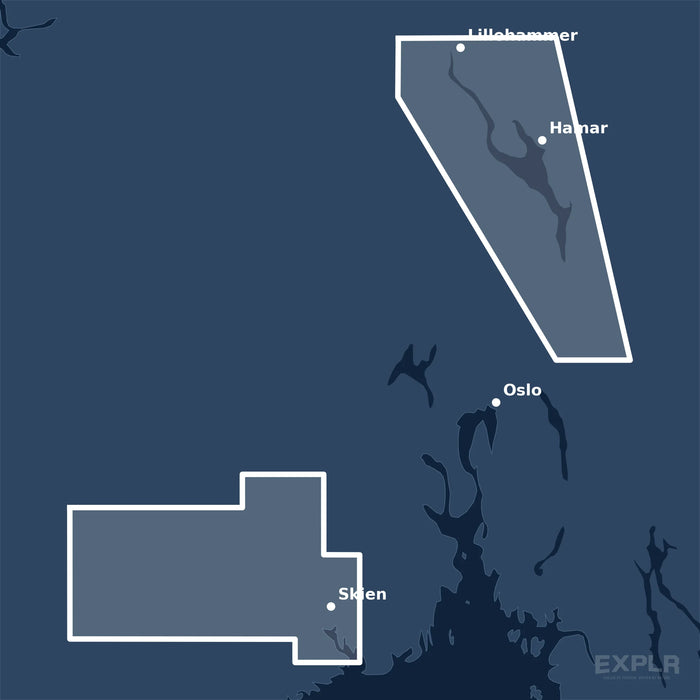 Kvadratisk översiktskarta över täckningsområdet för C-MAP MAX Norwegian Inland Waters (M-EN-M586-MS) med orter som Bærum, Skien och Hamar utmärkta.