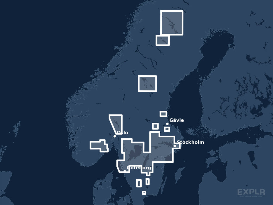 Täckningskarta för sjökortet C-MAP MAX Scandinavia Inland Waters (M-EN-M590-MS): det vita markerade området visar vilka vatten kortet omfattar, bland annat kring Stockholm, Oslo och Göteborg.